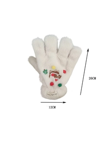 Détail de gants en peluche blanche de 26 cm avec broderie chien mignon et pompons