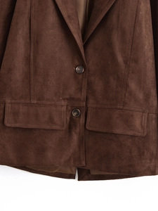 Detail of dark brown faux suede blazer showing notch lapels and tortoiseshell buttons