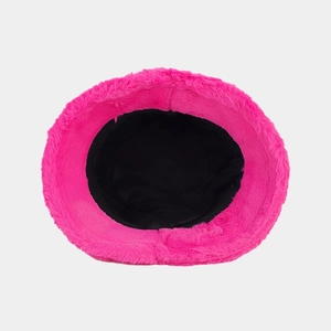 Detailed top view of a fuzzy bright pink bucket hat with soft plush faux fur texture
