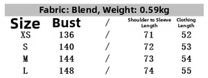 Size chart showing chest width and sleeve length for women's faux leather bomber jacket