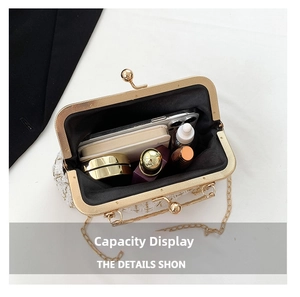 Internal capacity of tweed handbag showing space for smartphone, lipstick and perfume