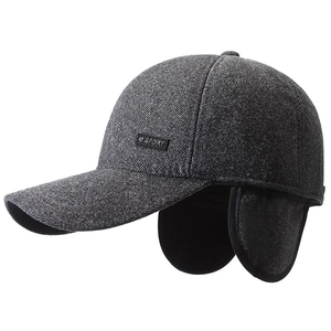 Winter men's baseball cap with ear flaps in dark grey wool blend and sport patch