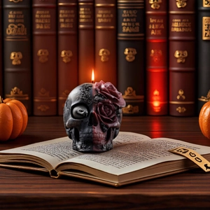 Gothische Totenkopf-Kerze mit Schlangen- und Rosen-Design auf alten Büchern
