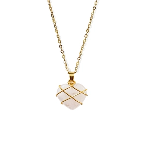 Pink crystal heart necklace with gold wire wrap on polished golden chain