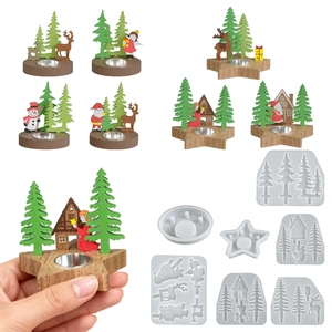 Christmas Silicone Mold DIY Candle Holder Base Decorative Inserts Reindeer Santa Snowman Tree Resin Crafting Tools