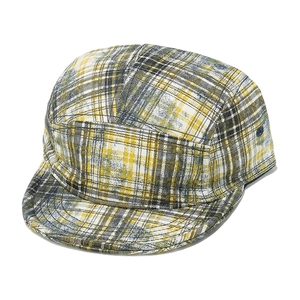 Detailed top view of a 5-panel plaid camper hat with yellow and black checkered pattern