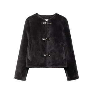 Veste en fausse fourrure pour femmes avec boucles métalliques et manches longues noires
