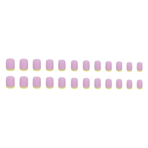 Short matte purple press-on nails with bright yellow French tips and square-oval shape