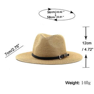 Chapeau de paille Fedora marron avec ruban noir, bord de 7cm, taille 56-58cm réglable