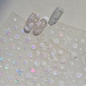 Iridescent ocean shell and starfish nail art stickers with laser holographic finish