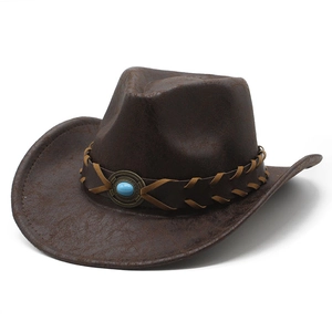 Vintage western cowboy hat in dark brown faux leather with turquoise beaded band