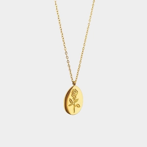 Vintage gold oval rose pendant necklace in stainless steel with elegant relief design