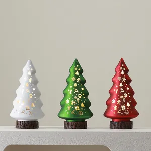 Christmas Tree Glass LED Light Ornament Tabletop Decoration With Hollow Reindeer Pattern For Holiday Party Home Decor