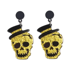 Halloween glitter skull earrings with black top hat and acrylic stud design for women