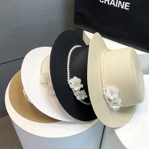 French style flat top straw boater hats with pearl chains and flowers in four colors