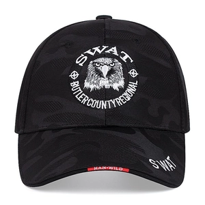 Tactical black camo baseball cap with SWAT eagle embroidery and HAN-WILD side label