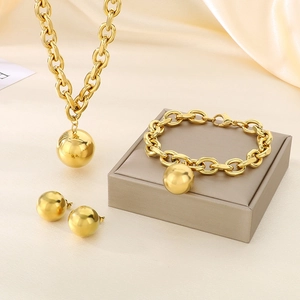 Fashionable gold stainless steel jewelry set with bold link chains and sphere pendants