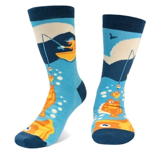 Detailed view of mid-calf socks with fishing motif and yellow boat on blue cotton fabric