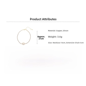 Detailed view of gold bracelet with cubic zirconia pendant showing 16cm plus 5cm length