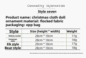 Size specifications table for flannel Santa, Snowman, Reindeer and Bear plush pendants