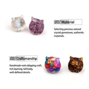 Cute mini crystal owl figurines made of natural gemstones and handmade resin
