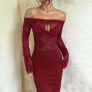 Elegant wine red off-shoulder lace long sleeve dress with slim fit bodycon silhouette