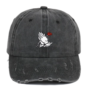 Vintage washed charcoal baseball cap with praying hands and rose embroidery detail