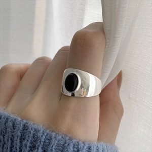 925 Sterling Silver Ring With Black Agate Oval Gemstone Wide Band Open Adjustable Minimalist Vintage Style Jewelry