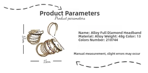 Detailed size specifications of an alloy headband with rhinestones for women