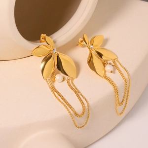 Tassel Leaf Earrings Titanium Steel 18K Gold Plated Natural Freshwater Pearl Rhinestone Star Flower Niche Luxury Women