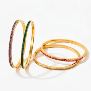 Minimalist gold plated stainless steel bangles with colorful square cut crystals