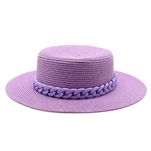 Flat top purple woven straw boater hat with stylish chunky chain band for summer beach