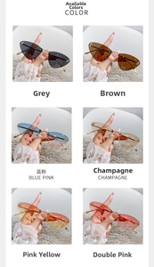 Close-up of rimless cat eye sunglasses in various gradient colors with metal frames