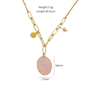 Pink gemstone pendant necklace in gold titanium steel with product size measurements