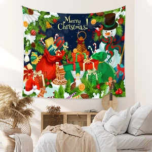Detail view of a large Bohemian Christmas tapestry featuring a snowman and gift boxes