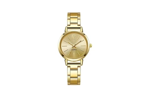 Detail view of gold quartz watch with minimalist dial and triple-link steel band