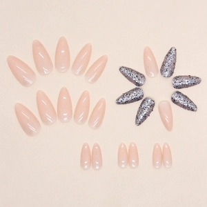 Sparkly silver glitter and nude pink almond-shaped press-on nails set of 24 pieces