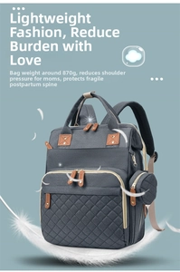 Deep grey diaper backpack detail with quilted pattern and lightweight 870g design