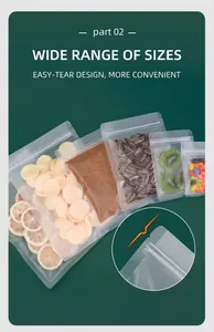 Detailed view of matte frosted resealable food bags in various sizes with easy-tear notches
