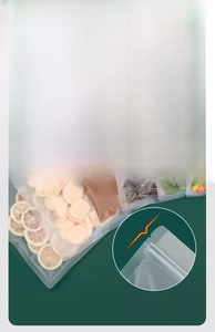 Detailed view of matte frosted resealable food bags in various sizes with easy-tear notches