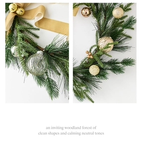 Detailed close-up of 50cm Christmas wreath with gold bells, ribbons and festive baubles
