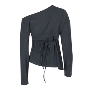 Detail of grey knit off-shoulder top showing long sleeves and adjustable waist tie