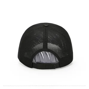 Rear view of black mesh baseball cap showing breathable texture and adjustable strap