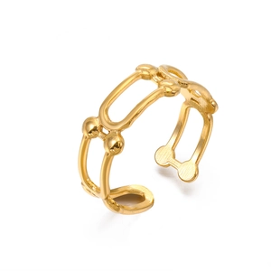 Polished 18K gold-plated stainless steel geometric open ring with link design