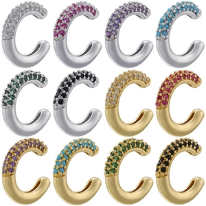 Set of 18K gold and silver C-shaped ear cuffs with multi-colored micro-pave crystals