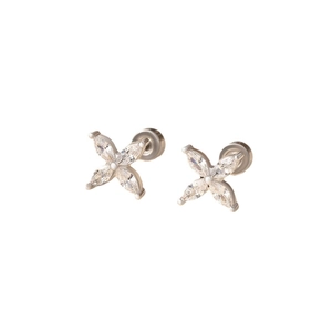 Silver bow-shaped zircon earrings with marquise stones and screw backs in stainless steel