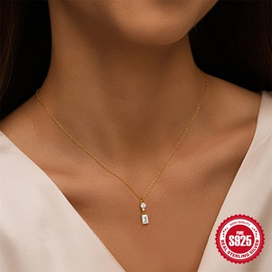 Elegant S925 sterling silver gold necklace with sparkling rectangular zircon pendant