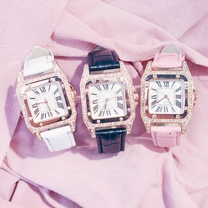 Three elegant square quartz watches with rhinestone bezels and leather straps