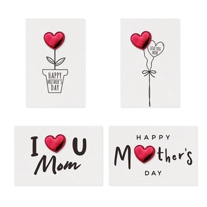 Set of four minimalist white Mother's Day cards with 3D red leather hearts and English text