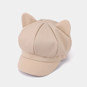 Detail of light khaki newsboy cap featuring cute 3D cat ears and twill fabric texture